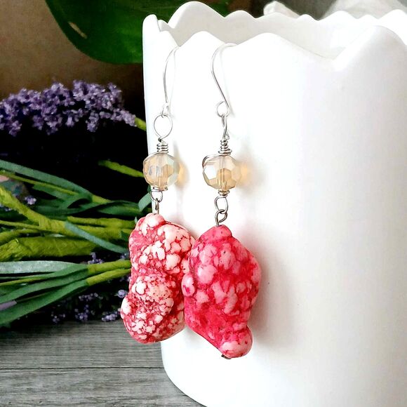 Large Boho Style Howlite Dangle Earrings, Neon Pink, Boho Chic, Statement - Picture 5 of 6